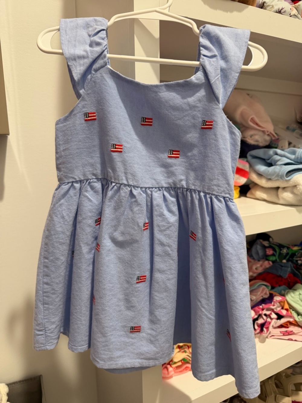 Janie and Jack Light Blue Embroidered Flag Sundress with Ruffle Straps